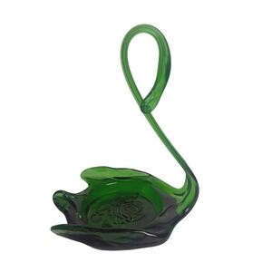 Vintage Green Glass Swan Dish Rose Pattern Base L.E. Smith Mid Century Art Glass